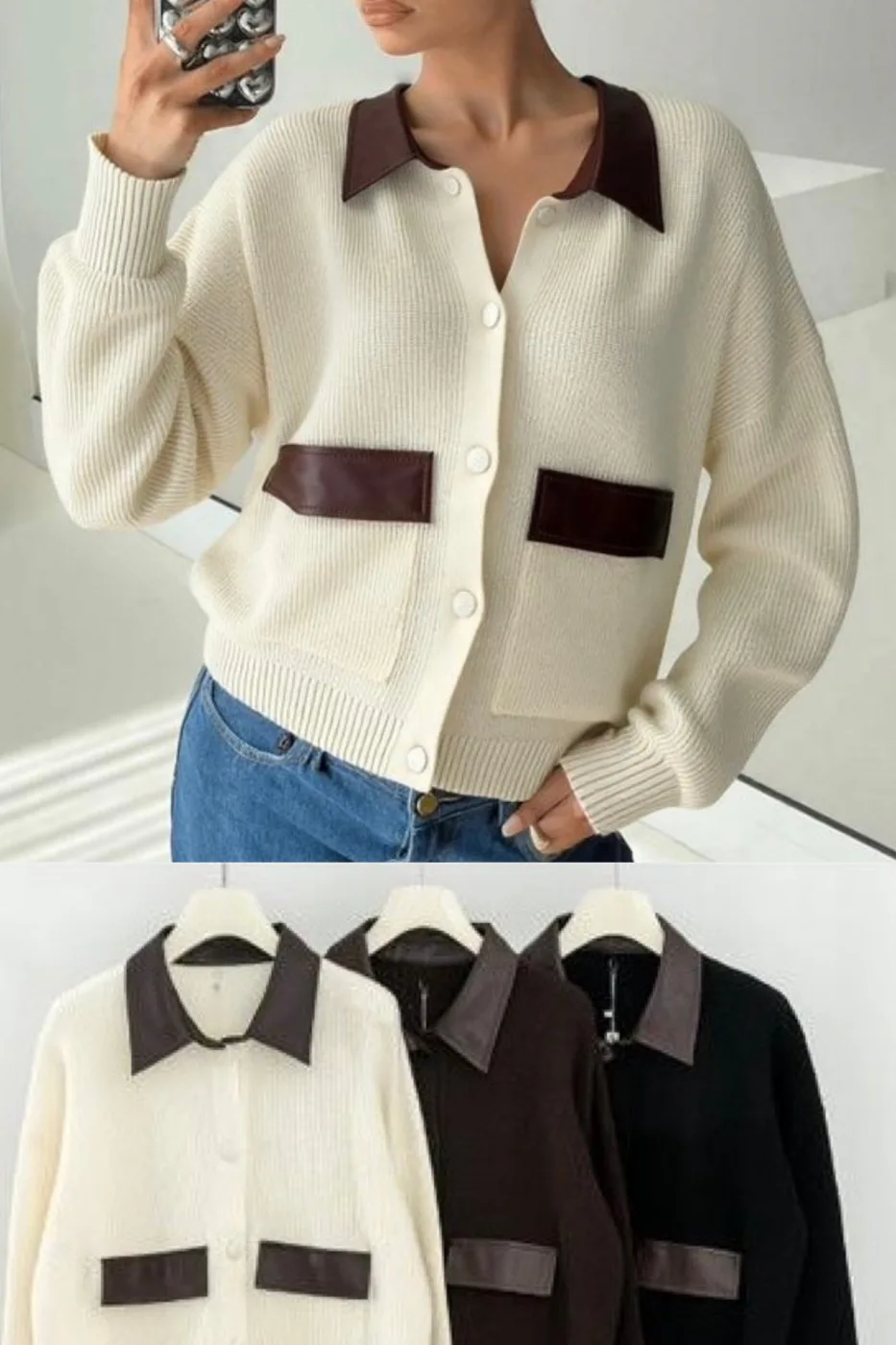 Cardigan Chic con Colletto e Dettagli in Ecopelle | ELIS MODA