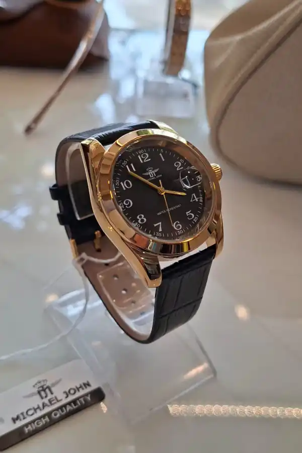Relógio Michael Jonh Classic Leather Black & Gold Fundo Preto  | definne