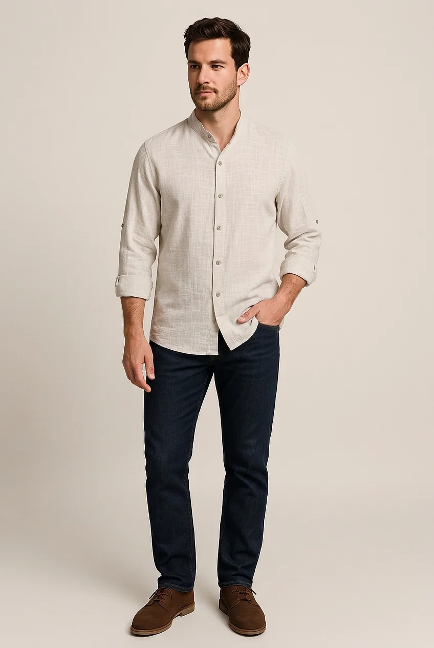 Camicia Uomo Estiva Collo alla Coreana - Beige | GIMARK