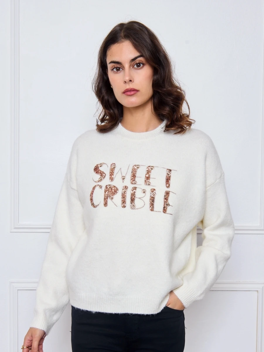 Pull avec ecriture en relief brillants  | Nuances by maison Lanoo 