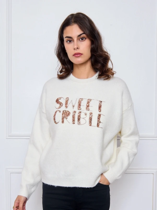 Pull avec ecriture en relief brillants  | Nuances by maison Lanoo 
