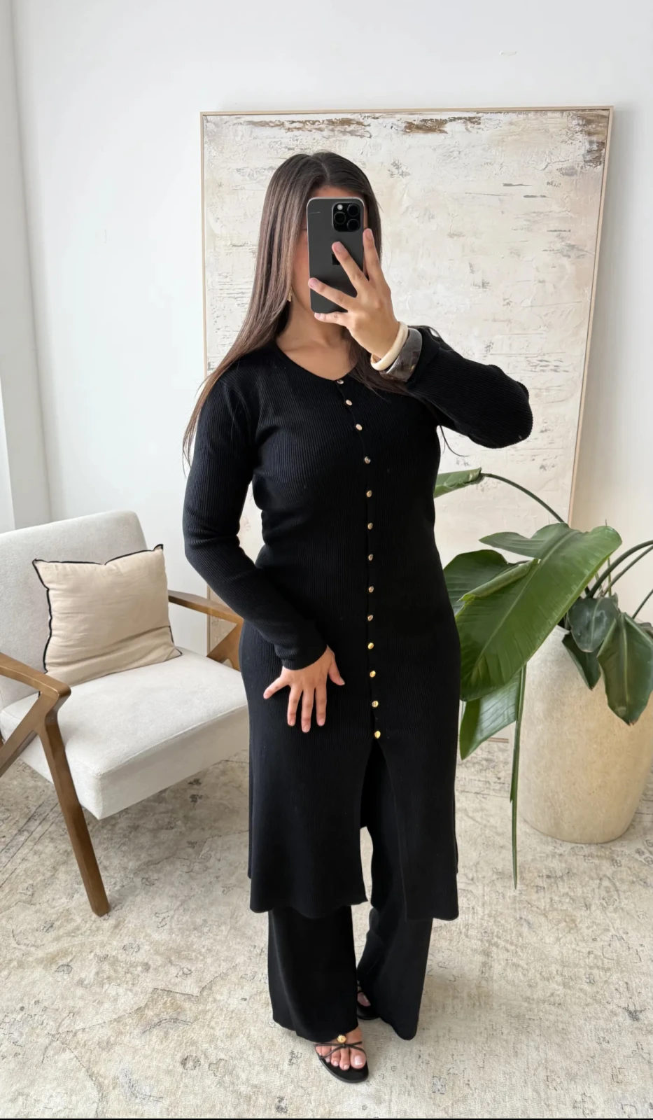 Ensemble côtelé noir chic – Long cardigan + pantalon fluide | Jasmine créations 