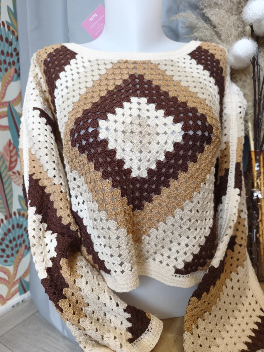 Pull crochet marron/crème  | Neyla