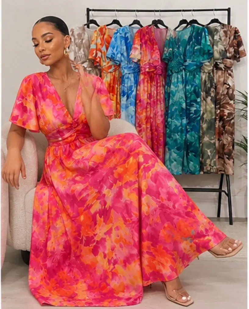 Robe longue satiné imprimé manches courtes  | Pink Corner 974