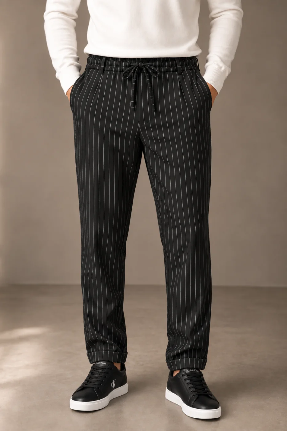 Calça Smart Casual Pinstripe Preta Riscas | definne