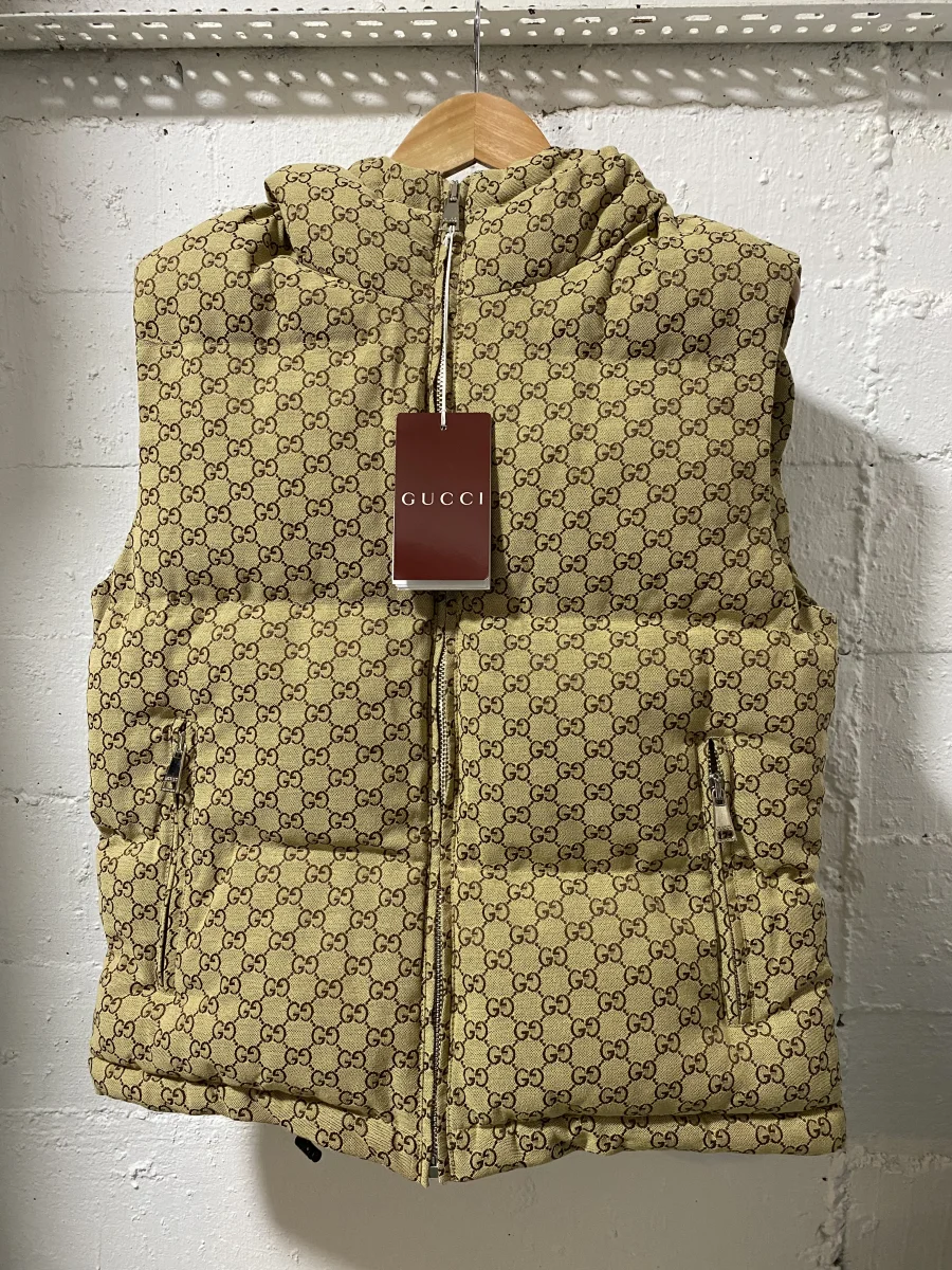 Gucci Firenze 1921 GG Monogram Padded Vest Beige Hooded Full Zip | MASSIMOLUXURYOUTLET