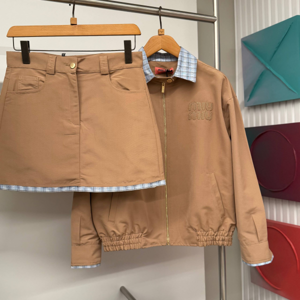 Miu Miu Suit Set With Mini Skirt and Jacket Brown | MASSIMOLUXURYOUTLET