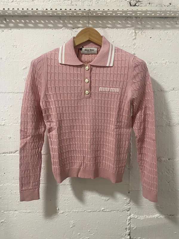 Miu Miu Women Pink Knit Polo Sweater  | MASSIMOLUXURYOUTLET