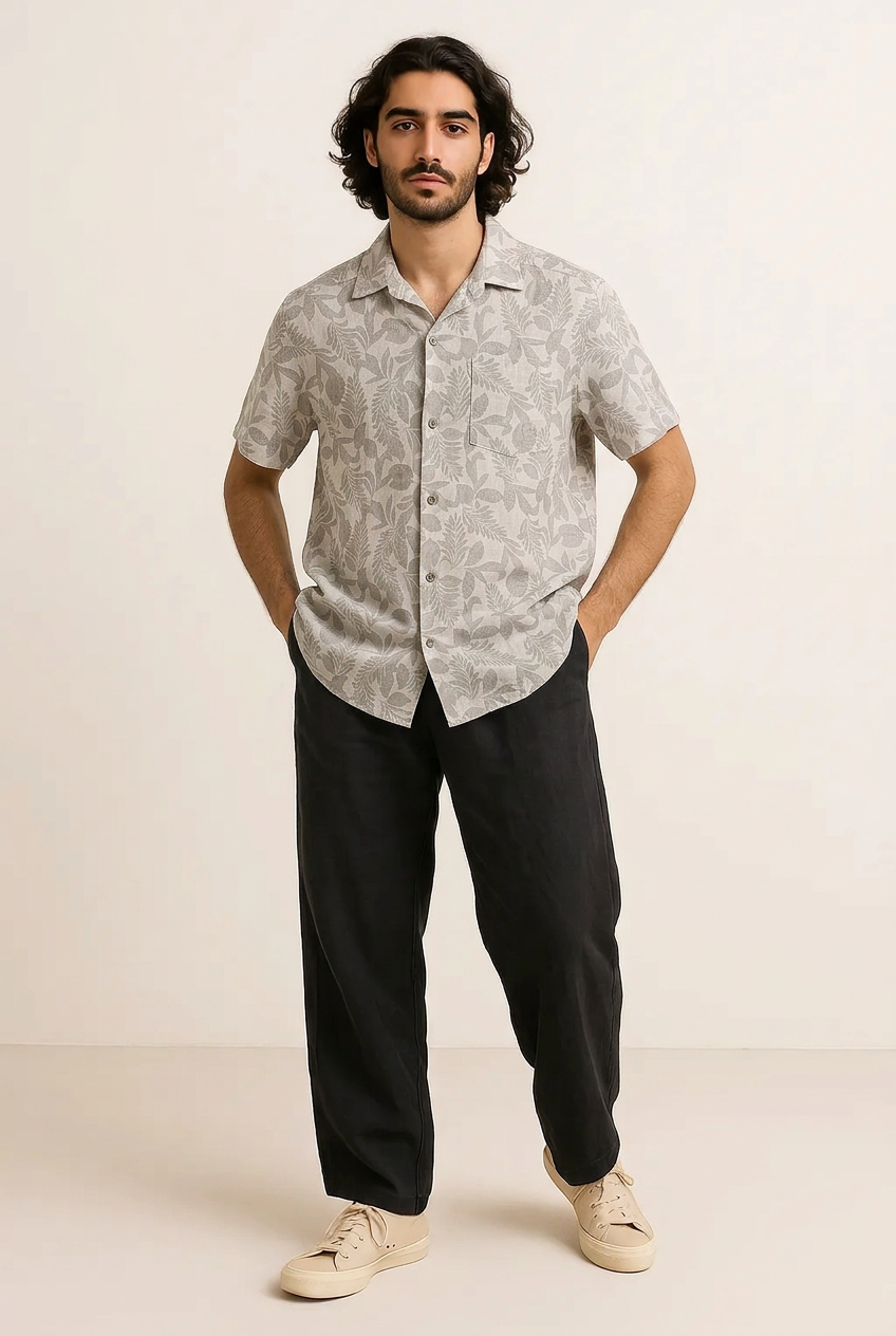 Camicia Uomo Mezza Manica Misto Lino Fantasia Foglie - Sabbia | GIMARK