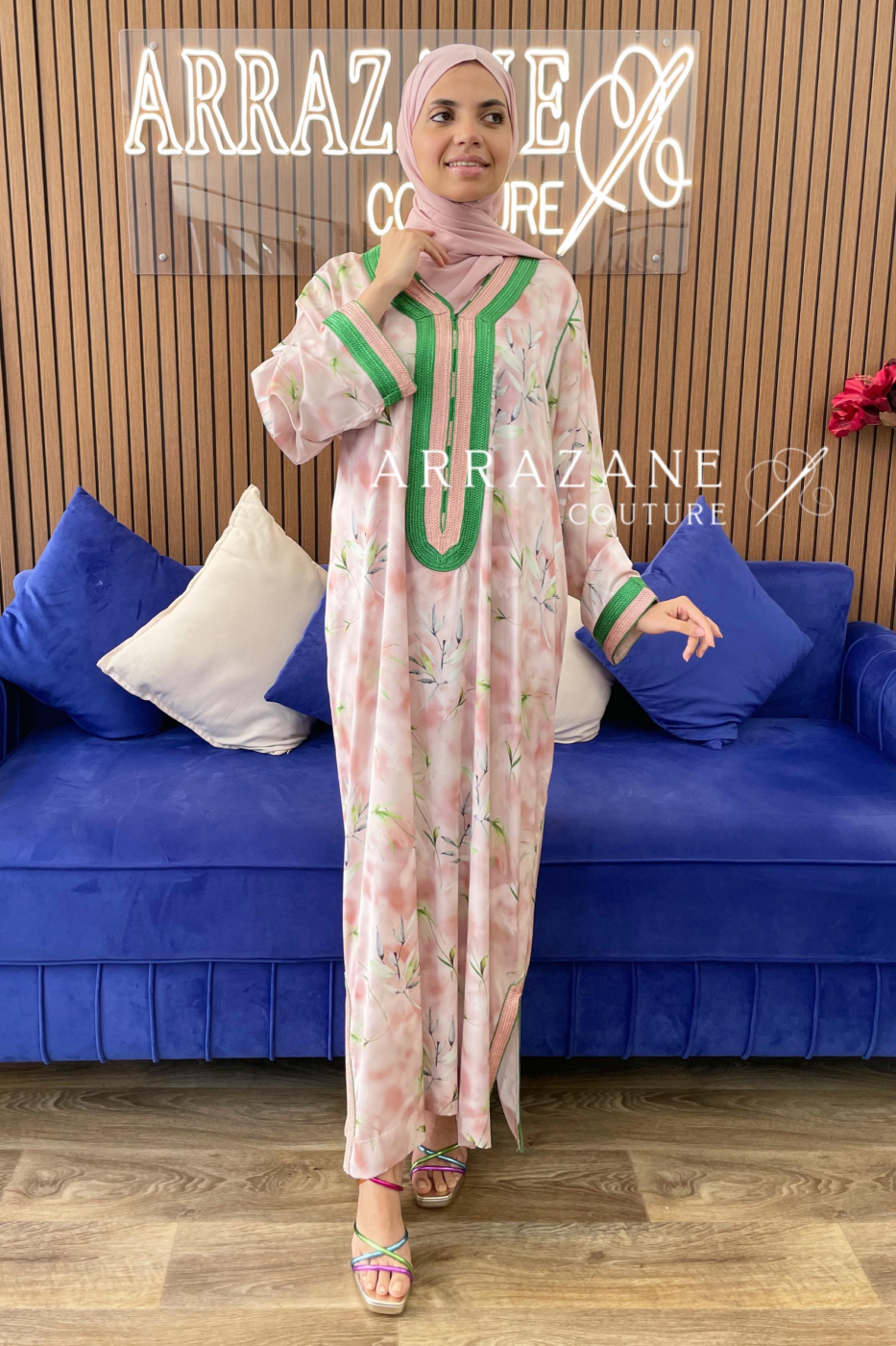 Caftan en Soi Sfifat Rose Vert | CasaZaz