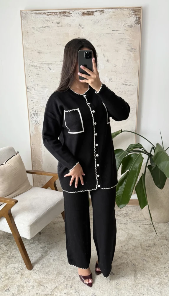 Ensemble tricot noir chic – Détails blancs contrastés | Jasmine créations 