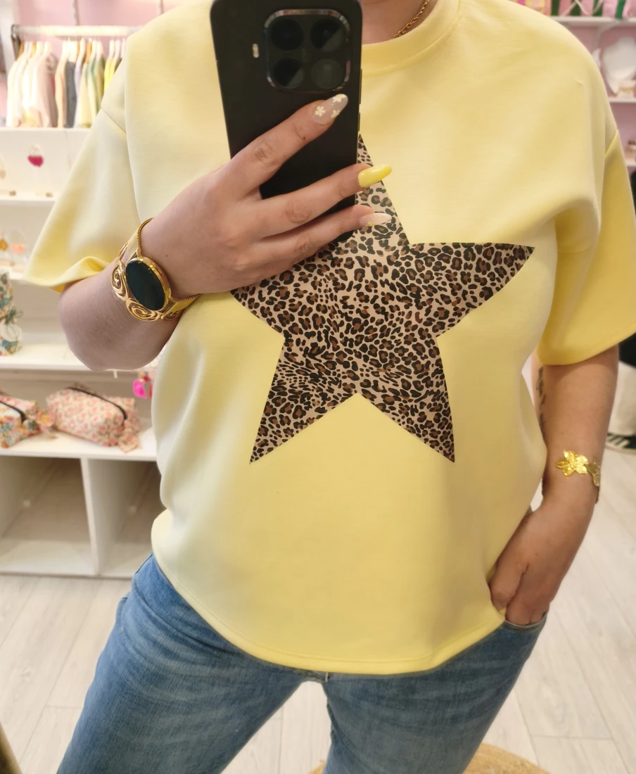 T shirt jaune étoile léopard  | Neyla