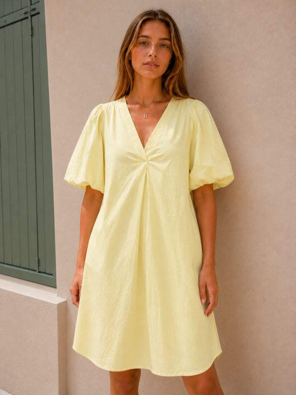 V-Neck Puff Sleeve Dress | Salsa Color