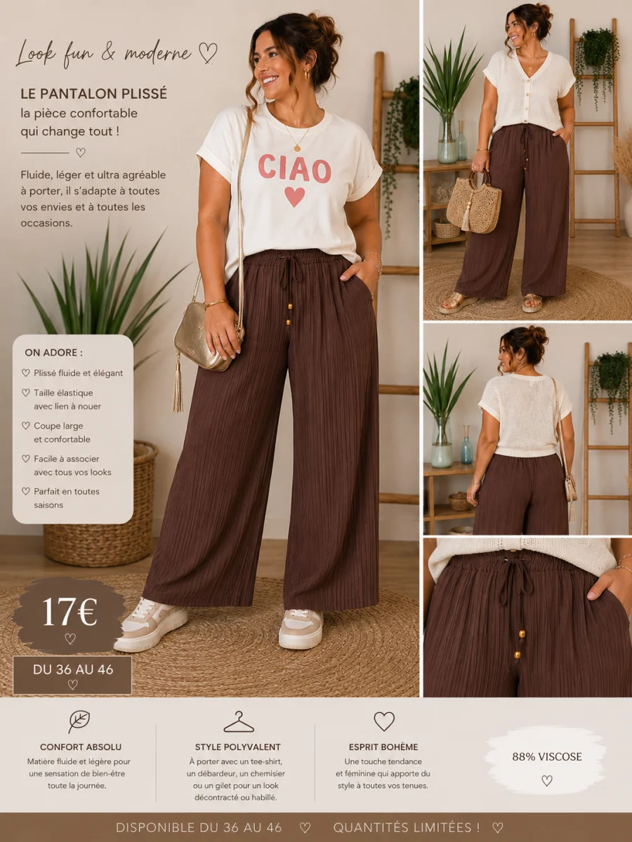 Pantalon plissé " loren" chocolat 36 au 46 | Les Chics Filles by Sab 