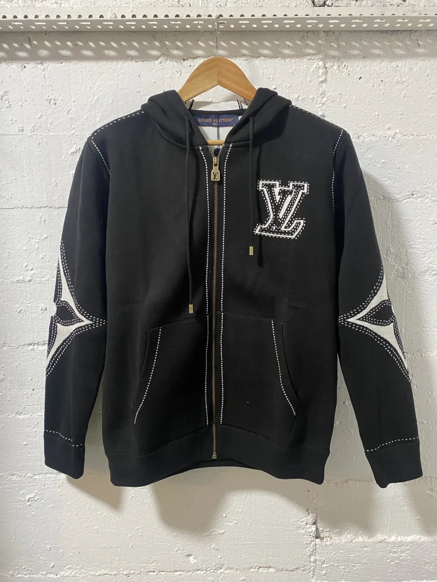 Louis Vuitton Graphic Intarsia Zipped Cotton Hoodie Black | MASSIMOLUXURYOUTLET
