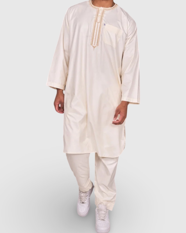 ENSEMBLE 2 PIÈCES – QAMIS & PANTALON BEIGE | AMCOSMETIK