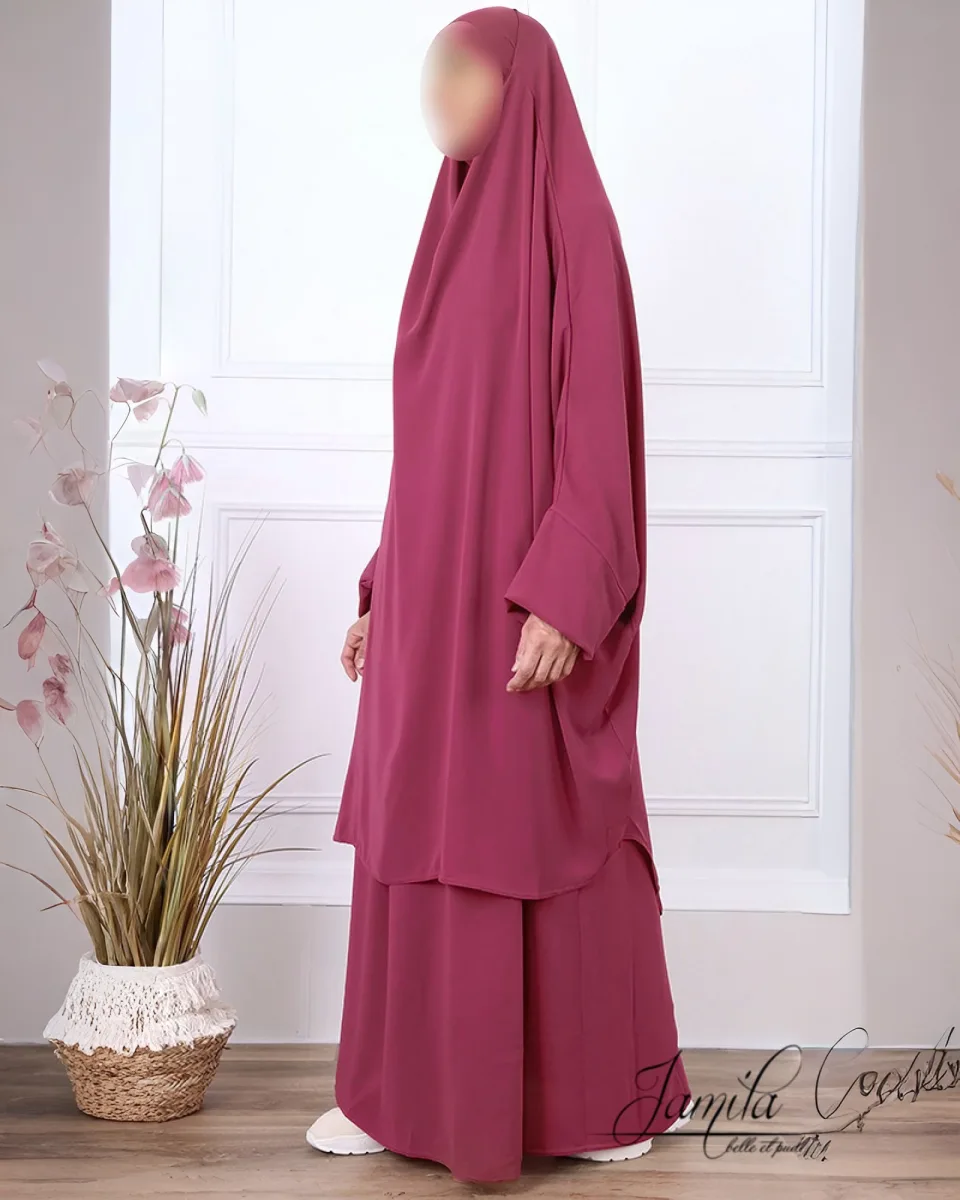 JILBAB 2 PIÈCES AVEC JUPE ROSE ÉCLAT– CONFORT ET ÉLÉGANCE | AMCOSMETIK