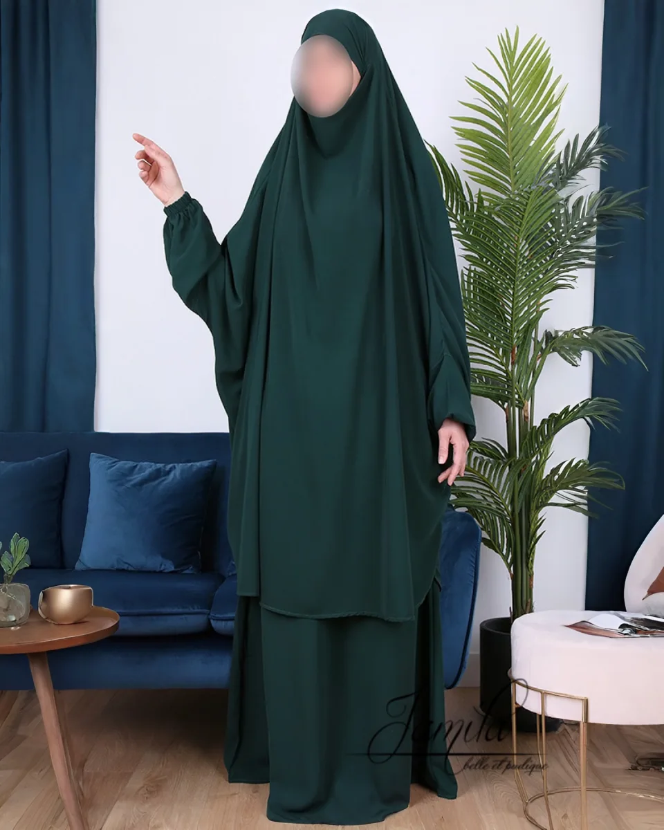JILBAB 2 PIÈCES AVEC JUPE VERT SAPIN– CONFORT ET ÉLÉGANCE | AMCOSMETIK