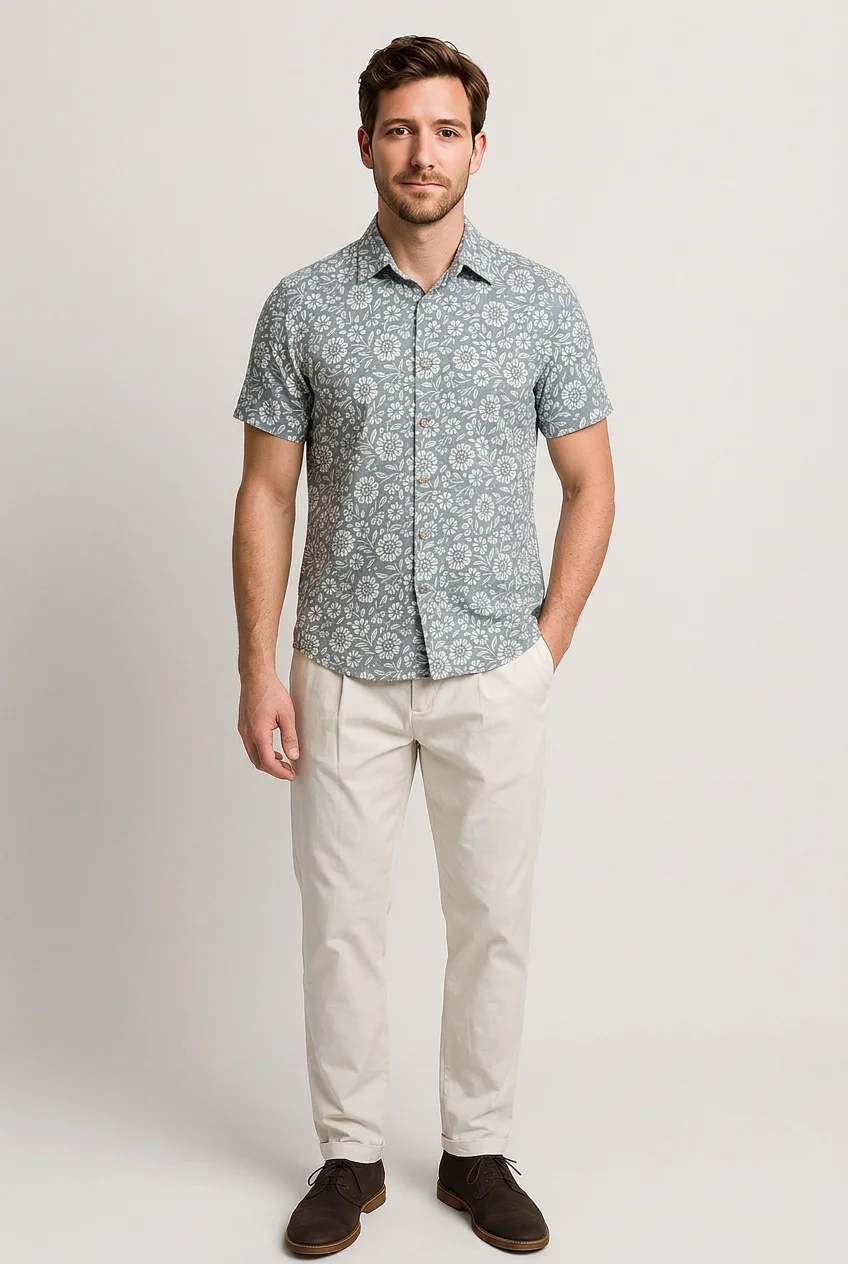 Camicia Uomo Mezza Manica Misto Lino Fantasia Fiori - Avio | GIMARK