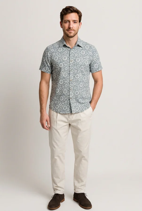 Camicia Uomo Mezza Manica Misto Lino Fantasia Fiori - Avio | GIMARK