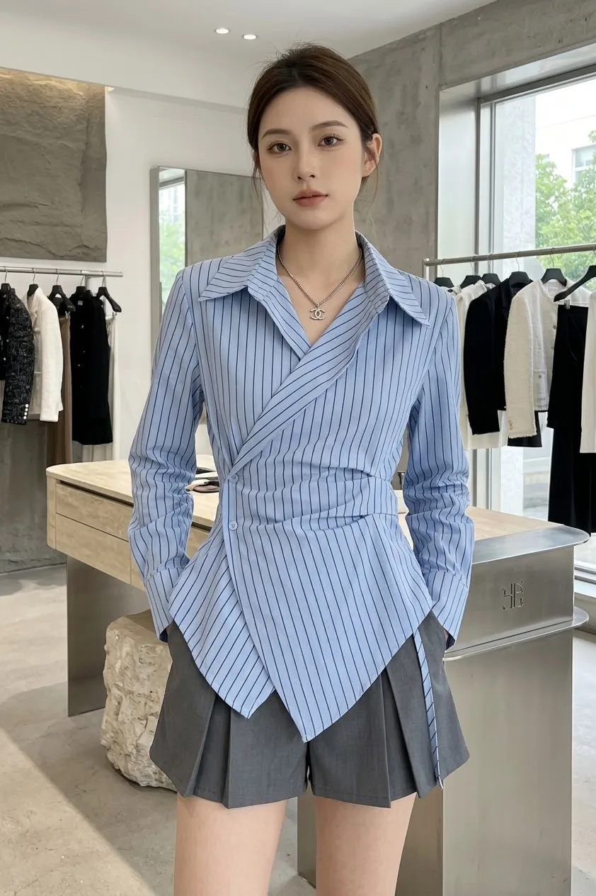 Camicia Wrap Asimmetrica a Righe Gessate | Moda Shop