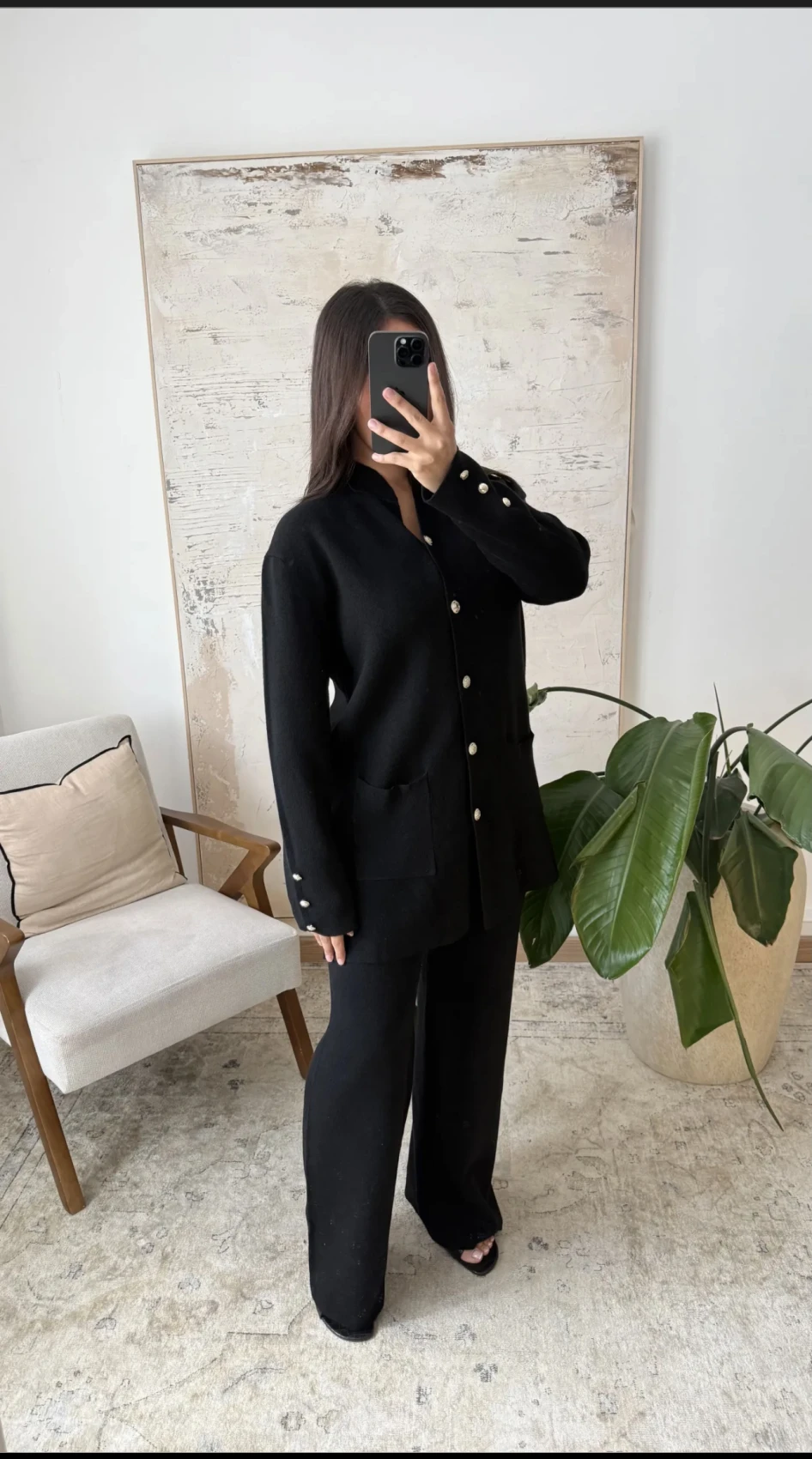Ensemble chic à boutons dorés – Veste longue & pantalon fluide | Jasmine créations 
