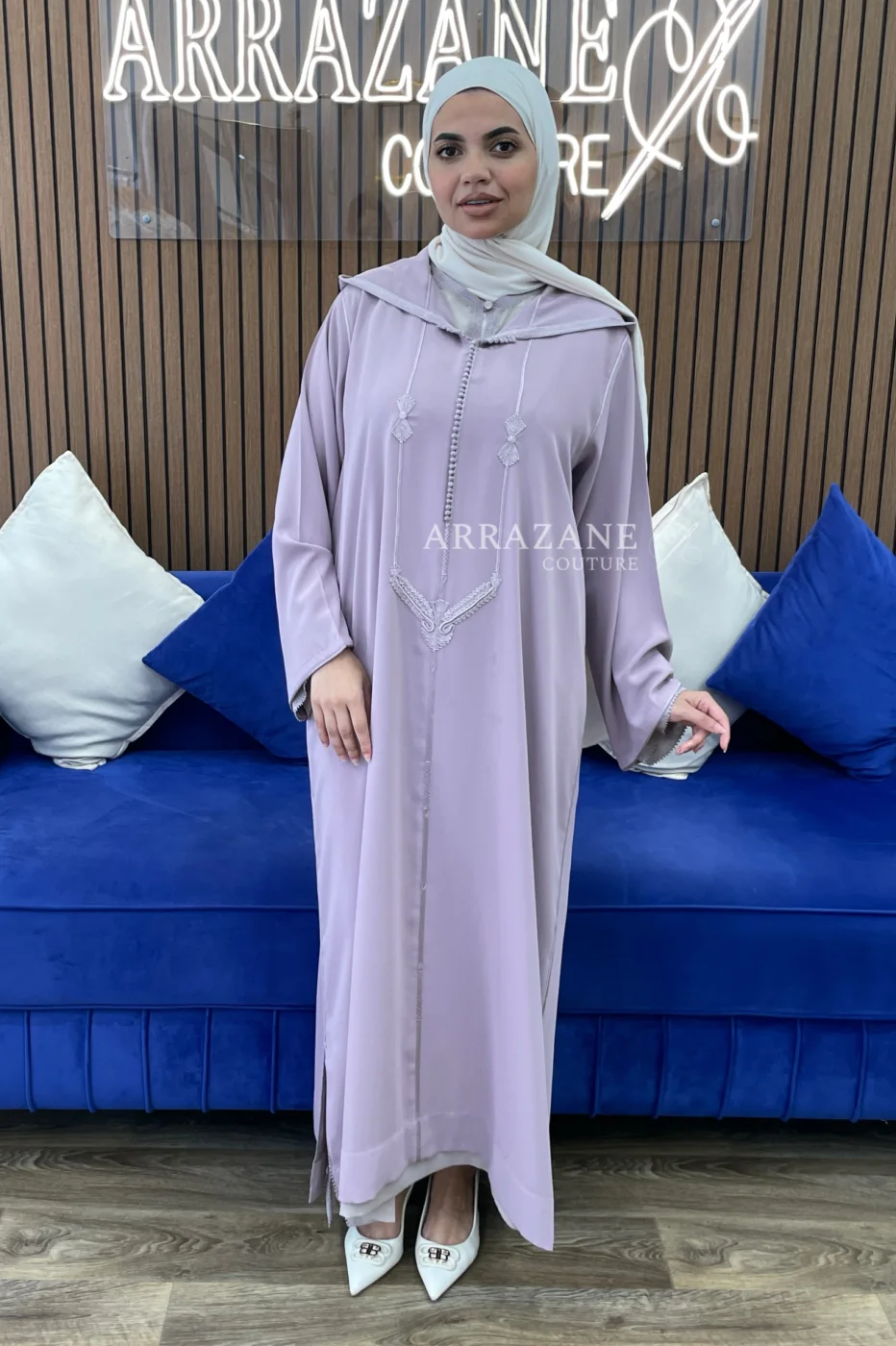 Djellaba crêpe zwek berchmane mauve clair | CasaZaz