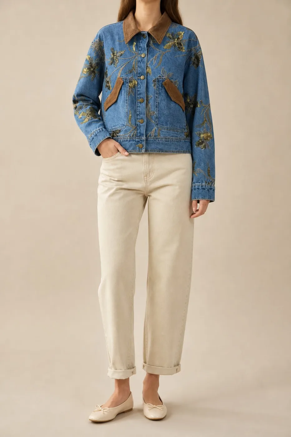 Veste en jean brodée col velours | Deal Only One