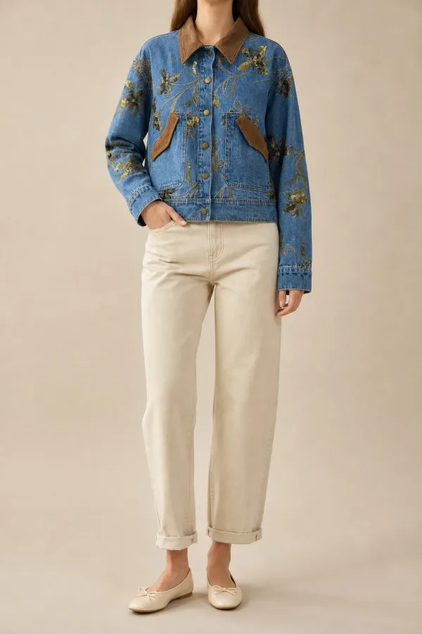 Veste en jean brodée col velours | Deal Only One